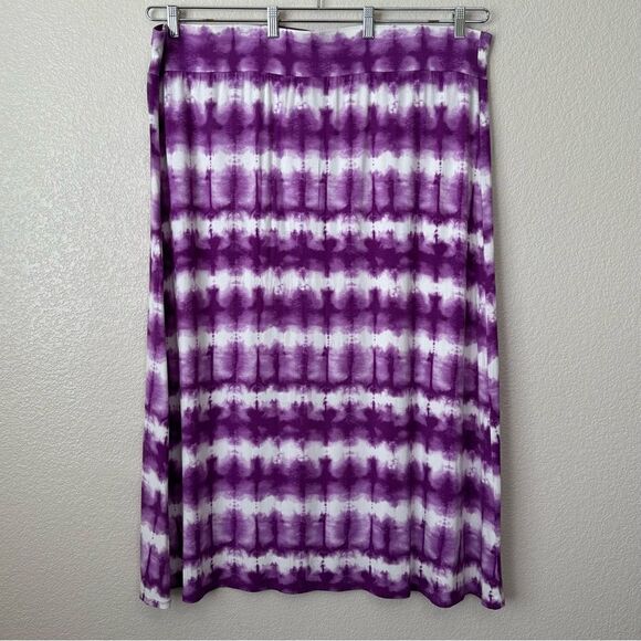 Ava & Viv Boho Purple White Tie Dye Stretchy Maxi Skirt - Picture 5 of 11
